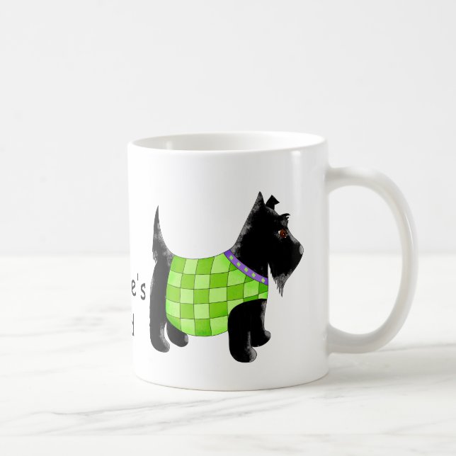 Black Scottie Terrier Dog Green Name Personalised Coffee Mug (Right)