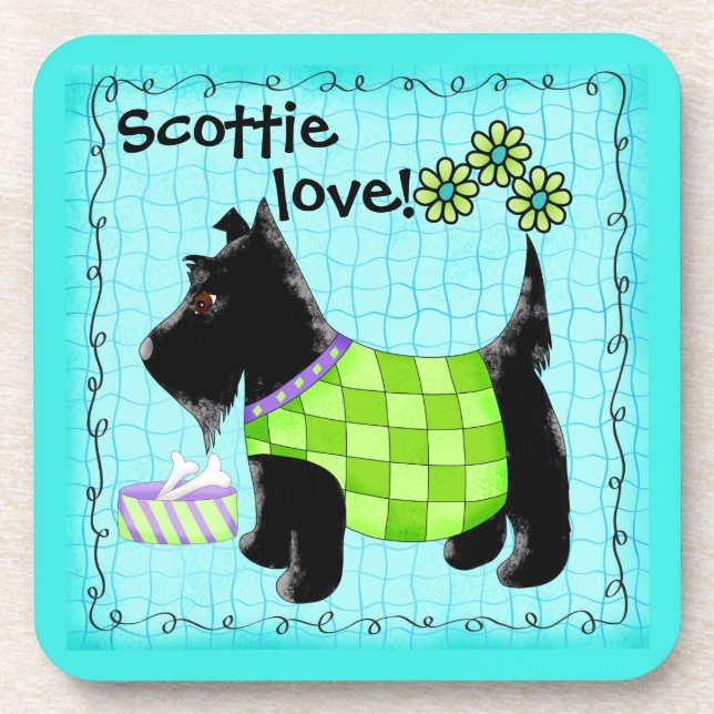 Black Scottie Terrier Dog Love Personalised Green Coaster (Front)
