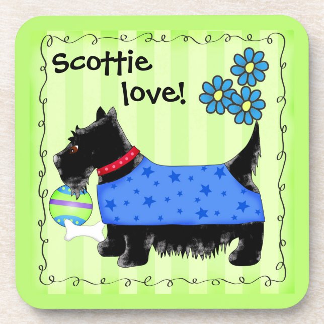 Black Scottie Terrier Dog Love Personalized Green Coaster (Front)