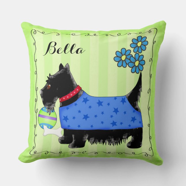 Black Scottie Terrier Dog Name Personalised Green Cushion (Front)