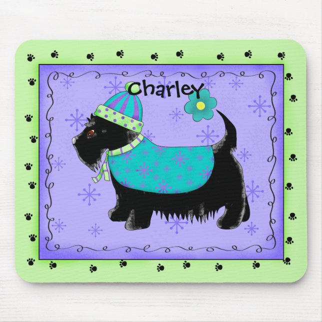 Black Scottie Terrier Dog Name Personalised Green Mouse Pad (Front)