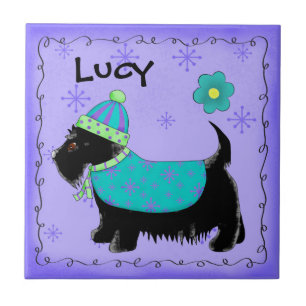 Black Scottie Terrier Dog Name Personalised Purple Tile