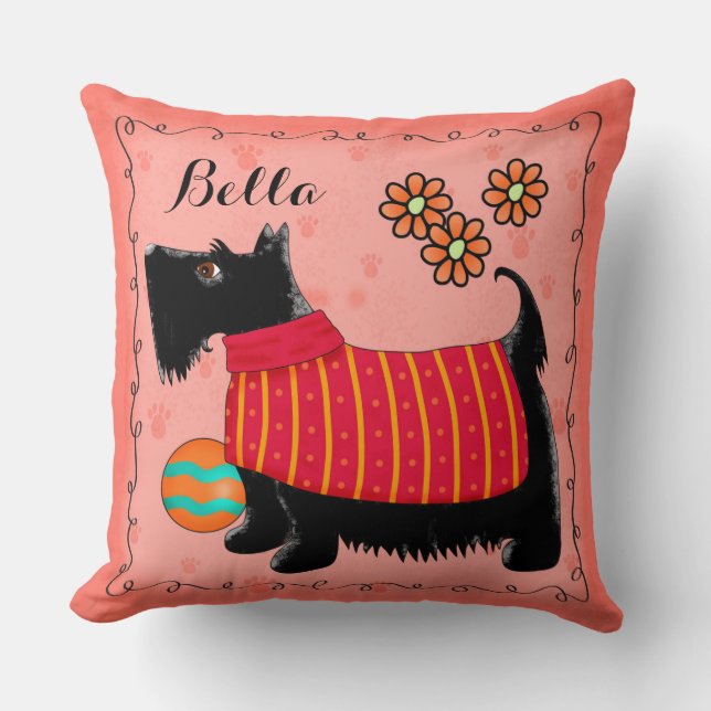 Black Scottie Terrier Dog Name Personalised Red Cushion (Front)