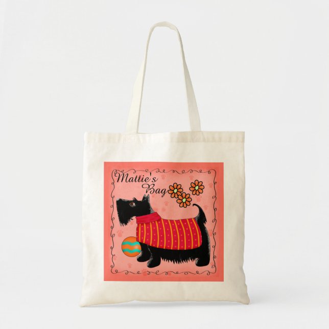 Black Scottie Terrier Dog Name Personalised Red Tote Bag (Front)