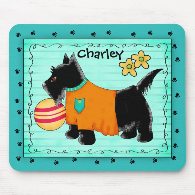 Black Scottie Terrier Dog Name Personalised Teal Mouse Pad (Front)