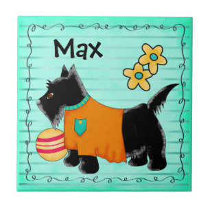 Black Scottie Terrier Dog Name Personalised Teal Tile
