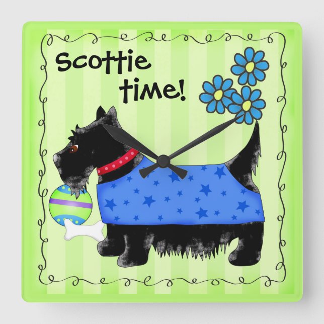 Black Scottie Terrier Dog Personalised Green Square Wall Clock (Front)