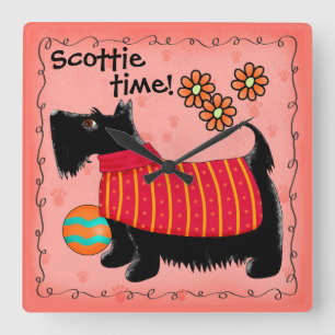 Black Scottie Time Dog Personalised Red Orange Square Wall Clock