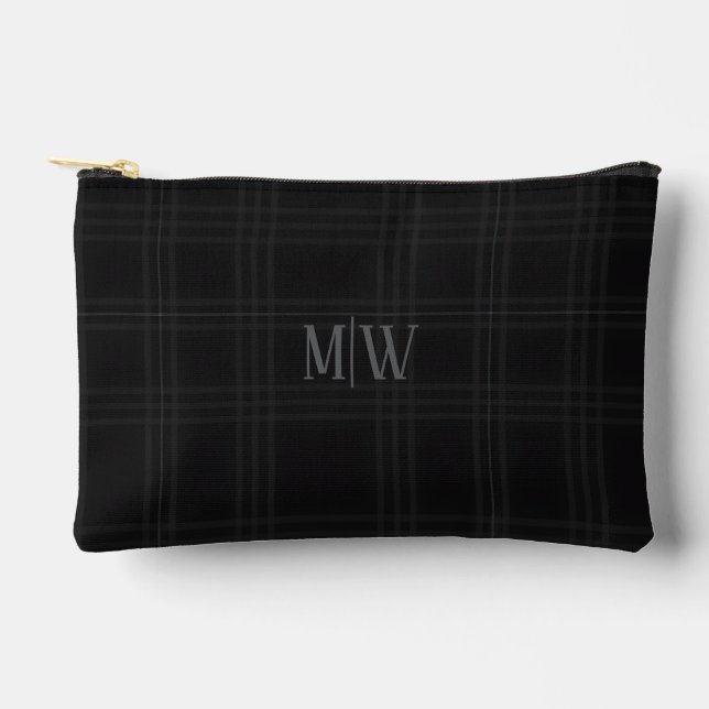 Black Scottish Tartan Custom Initial Plaid Makeup Accessory Pouch (Front)