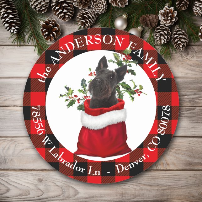 Black Scottish Terrier Dog Plaid Frame Classic Round Sticker (Creator Uploaded)