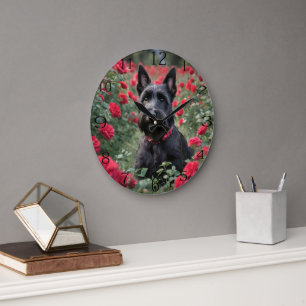 Black Scottish Terrier In Red Roses, Large Clock
