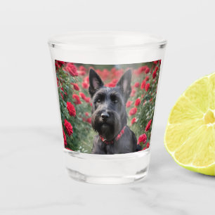 Black Scottish Terrier In Red Roses, Shot Glass