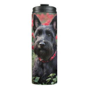 Black Scottish Terrier In Red Roses,  Thermal Tumbler
