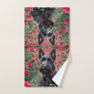 Black Scottish Terrier In The Red Roses, Hand Towel
