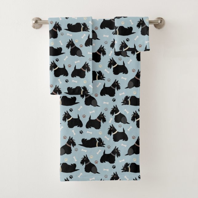 Black Scottish Terrier Paws and Bones Bath Towel Set (Insitu)