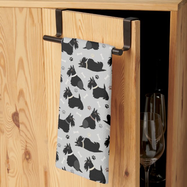 Black Scottish Terrier Paws and Bones Tea Towel (Thirds Fold)