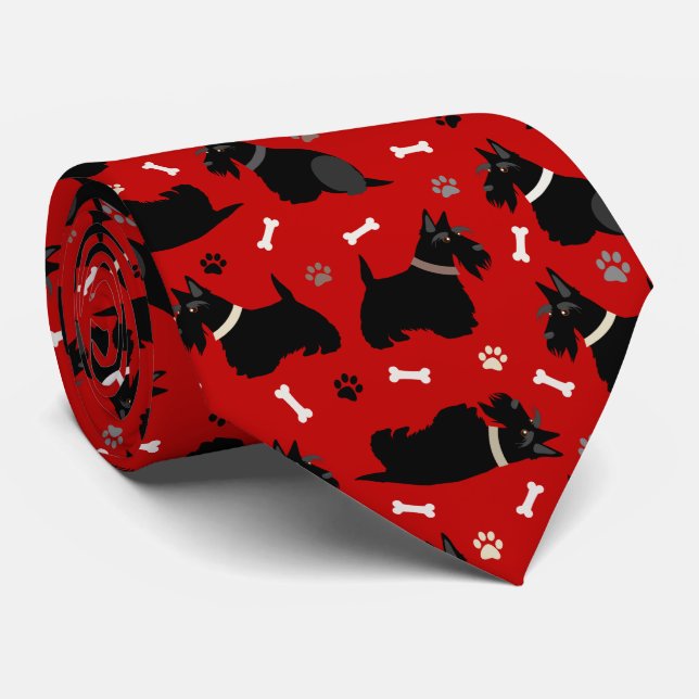 Black Scottish Terrier Paws and Bones Tie (Rolled)