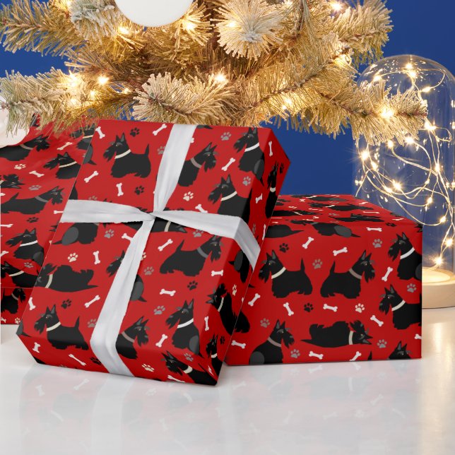 Black Scottish Terrier Paws and Bones Wrapping Paper (Holidays)