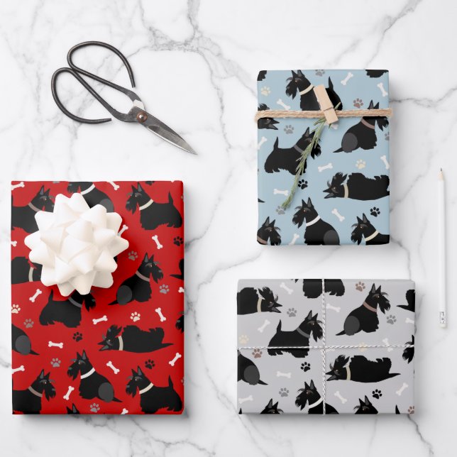 Black Scottish Terrier Paws and Bones Wrapping Paper Sheet (Front)