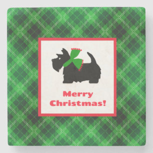 Black Scotty Dog Tartan Plaid Christmas Stone Coaster