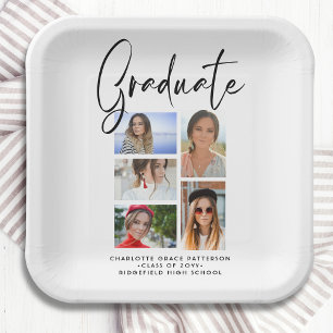 Black Script 5 Photo Graduation Party Collage Paper Plate