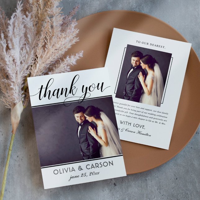 Black Script and Chic Stripes | Wedding Photo Thank You Card (Creator Uploaded)