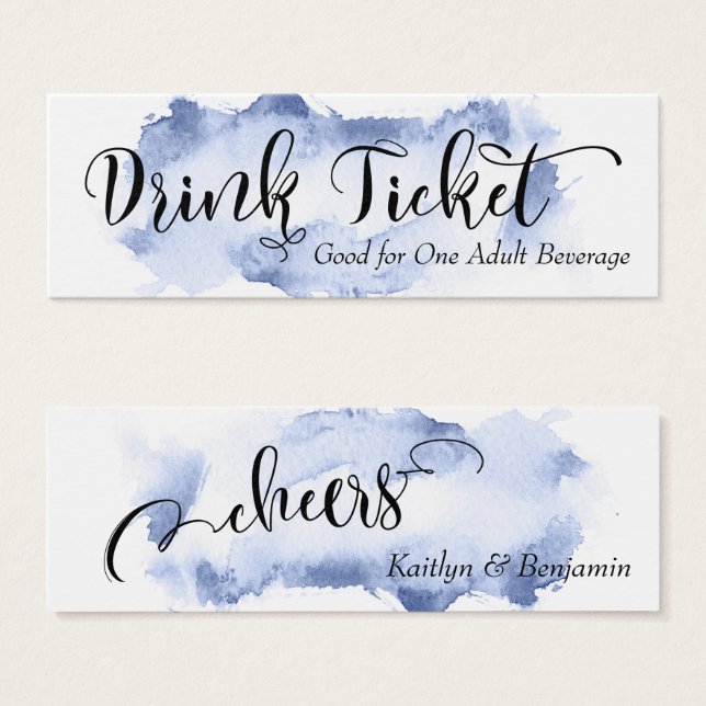 Black Script & Dark Blue Watercolor Drink Tickets (Front & Back)