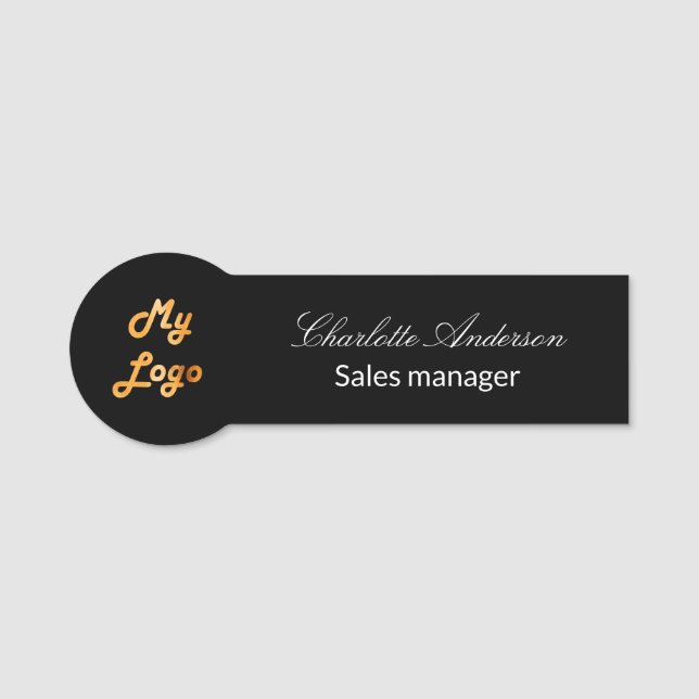 Black script elegant business empoyee logo name tag (Front)