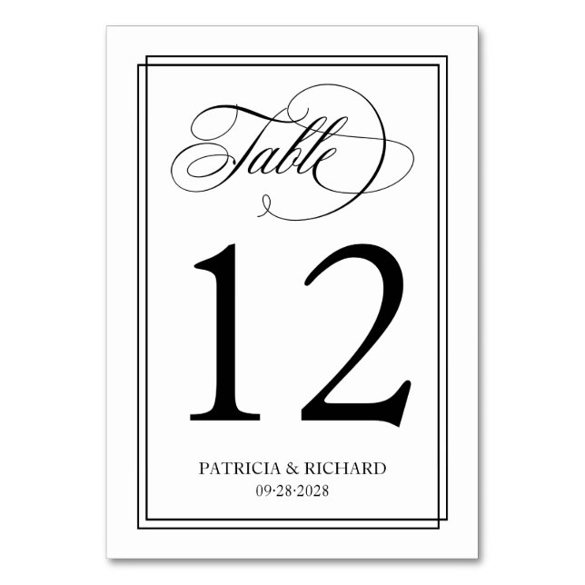 Black Script Elegant Wedding Table Number (Front)
