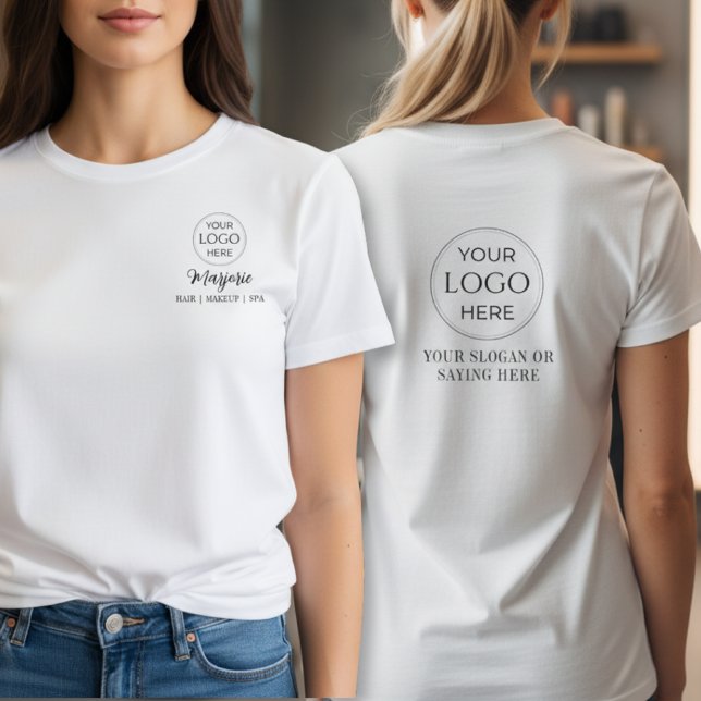 Black Script Employee Name Business Logo Makeup T-Shirt (custom modern black script employee name business logo makeup hair salon tshirt)