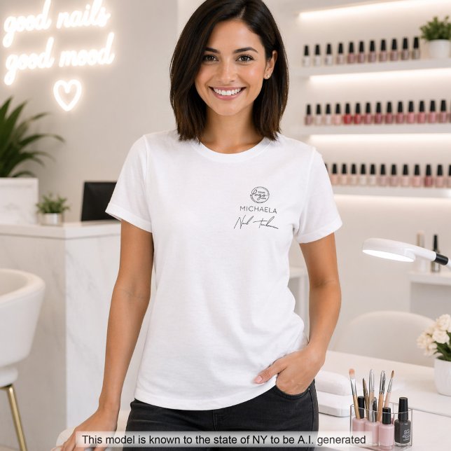 Black Script Employee Name Business Logo Nails T-Shirt (Creator Uploaded)