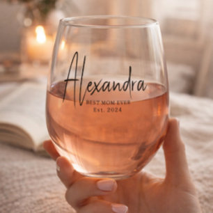 Black Script Established Best Mom Ever Custom Stemless Wine Glass