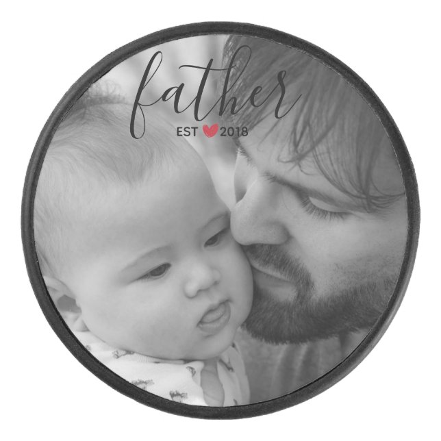 Black Script Father Est. Year Personalised Photo Hockey Puck (Front)