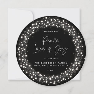 Black Script Font Peace Love+Joy Sparkling Lights Holiday Card