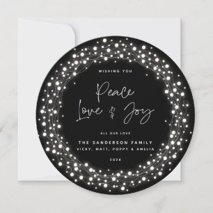Black Script Font Peace Love+Joy Sparkling Lights Holiday Card