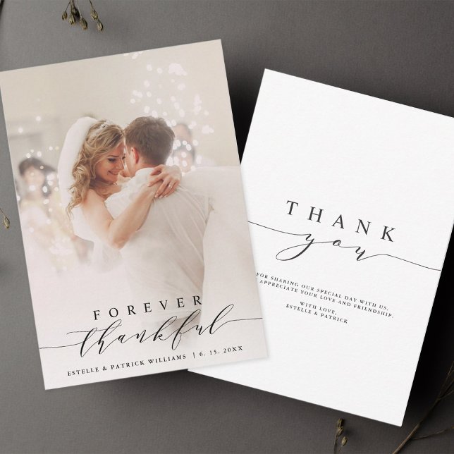 Black Script Forever Thankful Wedding Photo Thank You Card (Front & Back)
