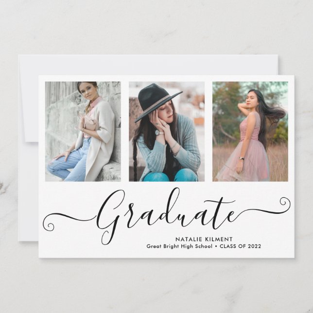 Black Script Graduate 3 Photo Collage Graduation Announcement (Front)