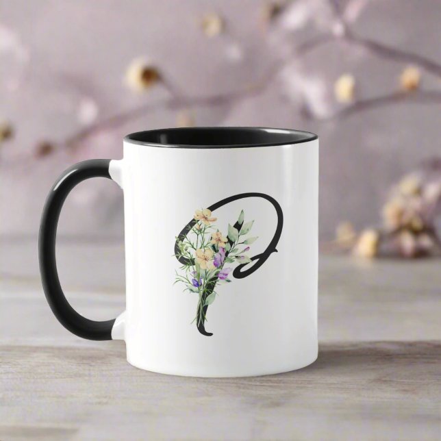 Black Script Letter "P" Watercolor Flowers Mug (Creator Uploaded)