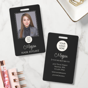 Black Script Logo Photo Hair Stylist ID Badge