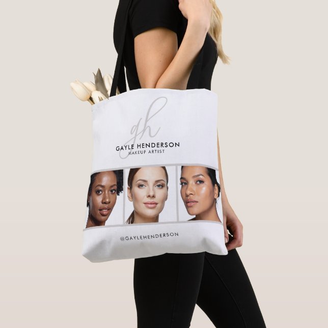 Black Script Monogram Logo Photo Makeup Studio Tote Bag (Close Up)