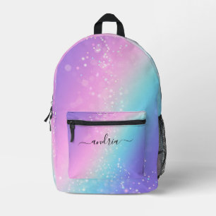 Black Script Name, Bokeh Stars Purple & Blue Printed Backpack