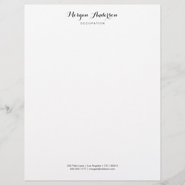Black Script Name & Info, Wh & Rose Gold Marble Custom Letterhead (Front)