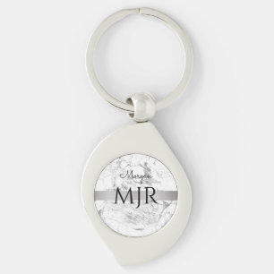 Black Script Name Lg Monogram, White & Grey Marble Key Ring