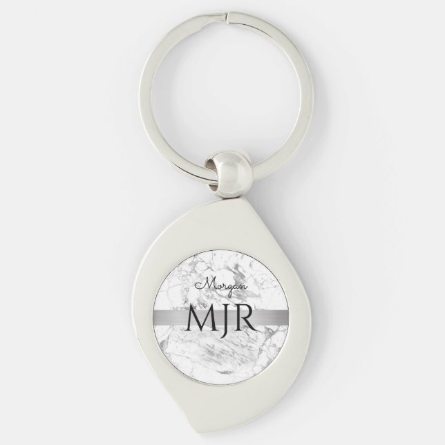Black Script Name Lg Monogram, White & Grey Marble Key Ring (Front)