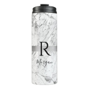 Black Script Name & Monogram, White & Grey Marble Thermal Tumbler