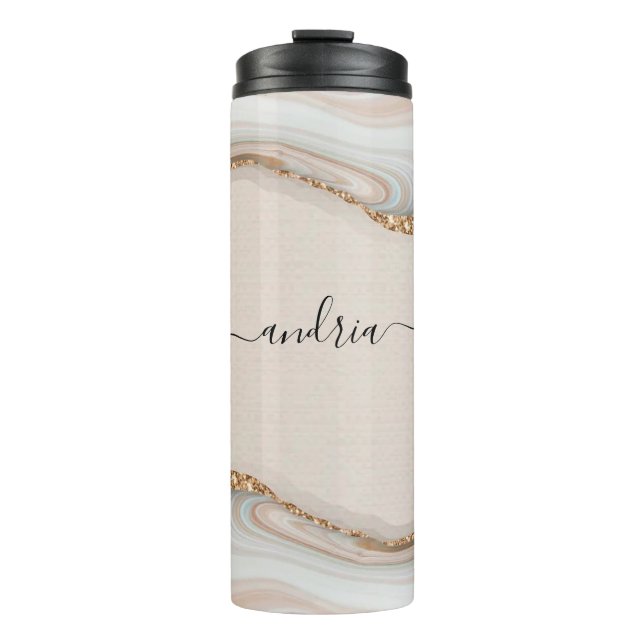 Black Script Name on Marble & Gold Glitter Thermal Tumbler (Front)