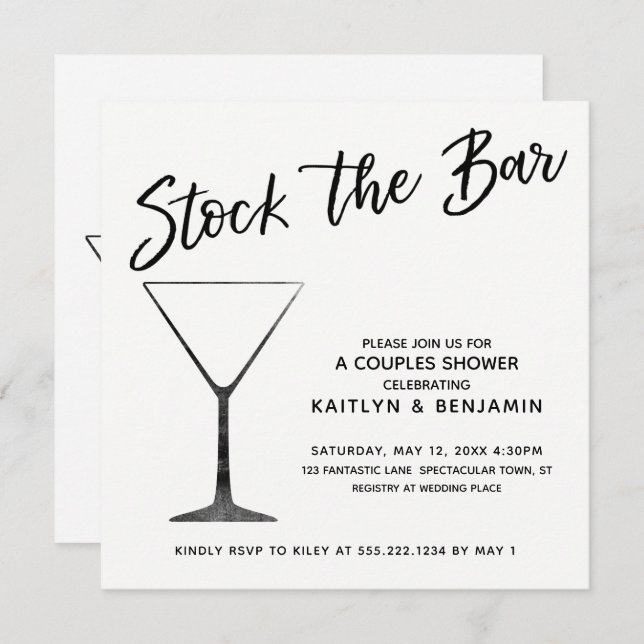 Black Script on White Stock the Bar Couples Shower Invitation (Front/Back)