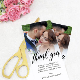 Black Script Overlay Wedding Photo Thank You Card