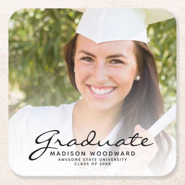 Black Script Photo Graduation Party Square Paper Coaster (Front)