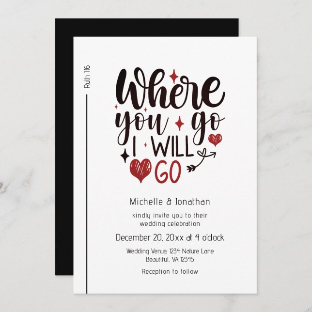 Black Script Red Hearts Christian Bible Wedding Invitation (Front/Back)